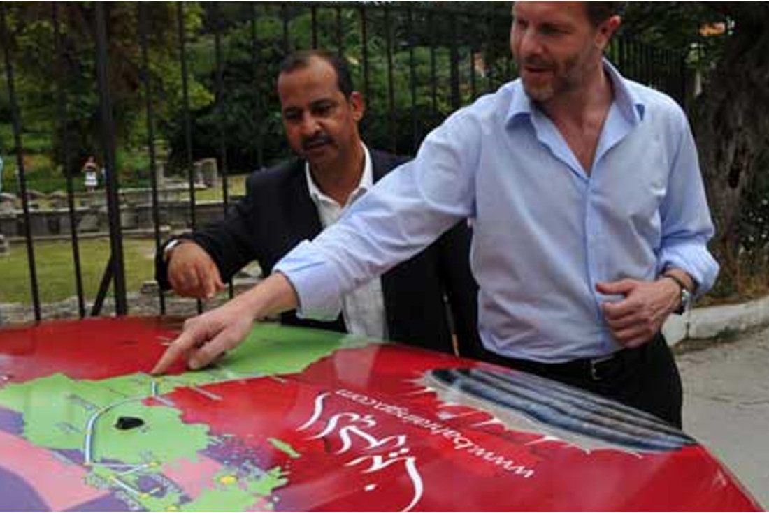 Greek Minister of Culture Pavlos Geroulanos tracing expedition route